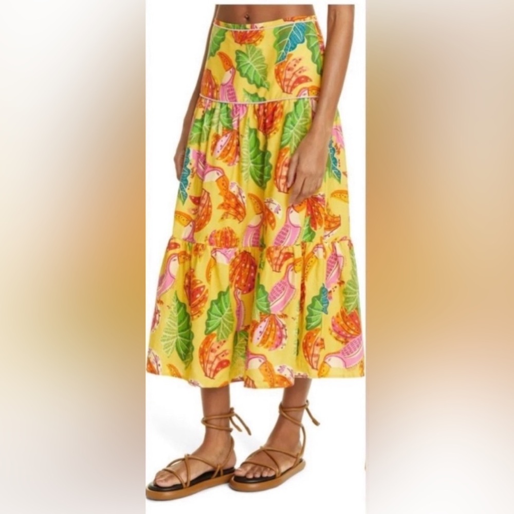 Farm Rio Womens Beaks & Bananas Midi Skirt Size M Tropical Bird Toucan Colorful